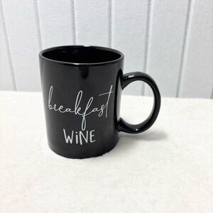 Black Ceramic Mug with White Text "Breakfast WINE "
